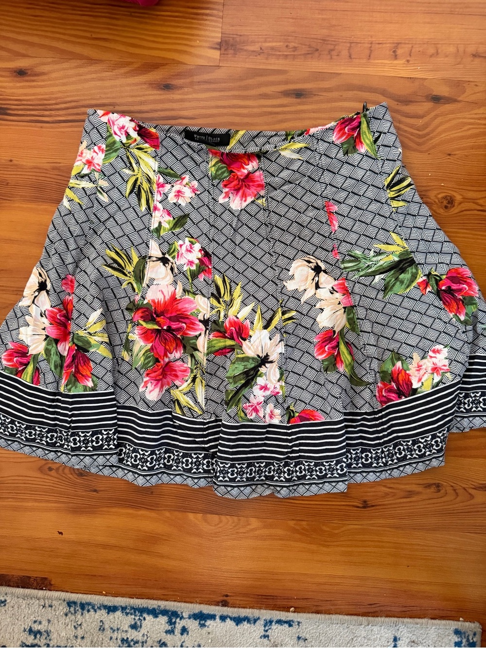 White House Black Market Black Floral Circle Skirt with Pink & Green Accents